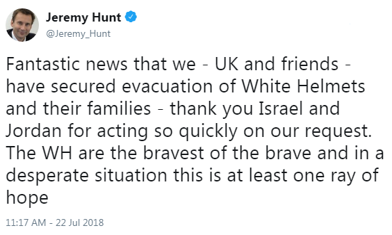 'White helmets' -  humanitarian heroes or terrorists? Jeremy-hunt-tweet-white-helmets